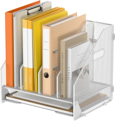 Miniatura 12 de Organizador de Carpetas de Archivos de Escritorio - 5 Compartimentos Verticales con Estantes y Bandeja para Cartas de Papel, Clasificador de Negro
