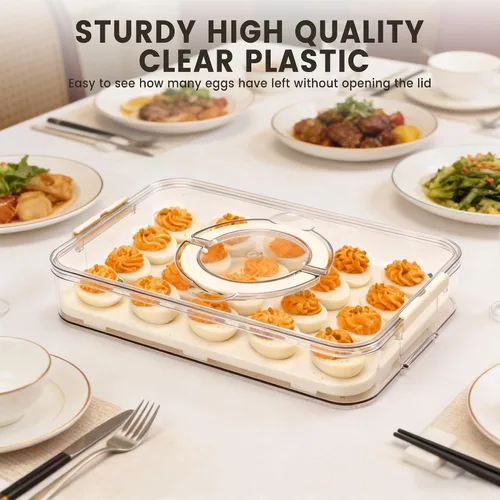 Miniatura 6 de Recipientes para huevos con tapa, bandeja de plástico para huevos con asa para 20 huevos, transparente, portátil, apilable, almacenamiento para 1