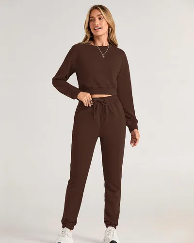 Miniatura 82 de BTFBM Conjunto deportivo de 2 piezas para mujer, camiseta corta de manga larga, sin botones, pantalón con cordón ajustable, pantalones deportivos