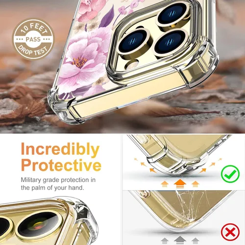 Miniatura 3 de Funda con diseño de patrón de flores para iPhone 13 Pro Max [con protector de pantalla], funda transparente floral para teléfono de mujer a prueba