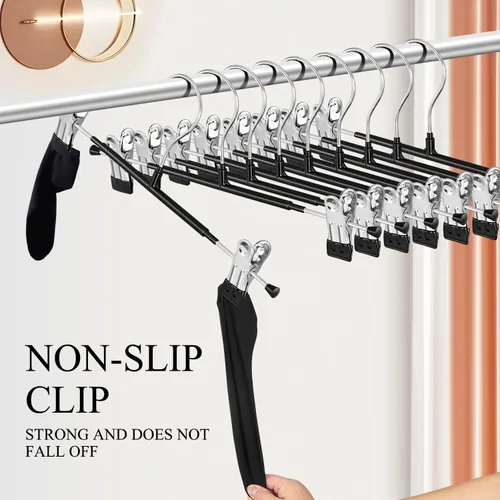 Miniatura 3 de Paquete de 10 perchas resistentes de 12 pulgadas para faldas y pantalones con clips, perchas de metal para pantalones de mezclilla, color negro