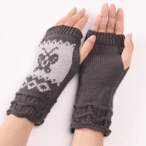 Miniatura 3 de Guantes elásticos de punto con diseño de mariposa para otoño e invierno para el pulgar hasta la muñeca gris oscuro