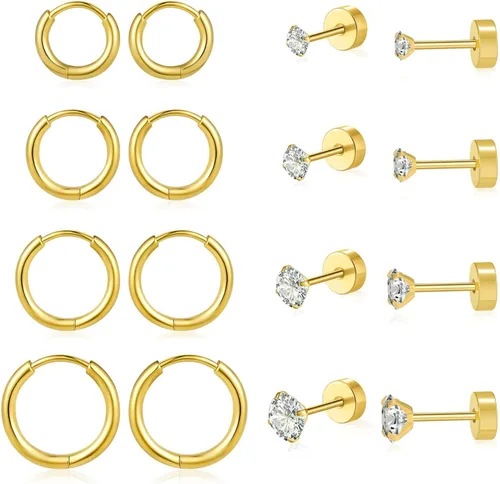 Juego de aretes Huggie de 0.236 in, 0.315 in, 0.394 in y 0.472 in, hipoalergénicos, pequeños aretes de aro con circonita cúbica para mujeres y