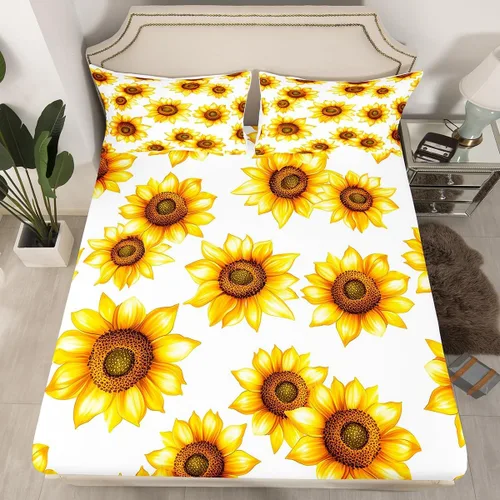 Miniatura 2 de Juego de sábanas de girasol, tamaño Queen, juego de sábanas botánicas florales 3D con flores amarillas, decoración de girasol pastoral