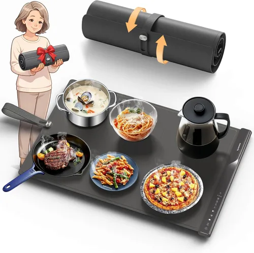 Tapete Calentador de Alimentos con Zonas de Calentamiento Duales, 4 Configuraciones de Temperatura, Silicona Fácil de Limpiar, Apagado Automático,