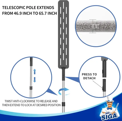 Miniatura 4 de MR.SIGA Plumero Flexible de Microfibra Largo para Limpieza de Espacios, Mango Ajustable de Acero Inoxidable, Plumero de Limpieza de Espacios Lavable