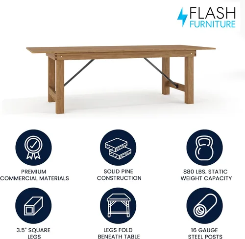 Miniatura 3 de Flash Furniture Serie Hércules Mesa de comedor plegable rústica de pino macizo de 8' x 40", mesa rectangular antigua de granja para comedor y eventos