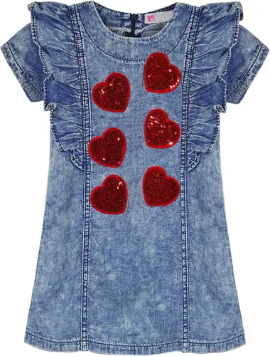 KIDSCOOL SPACE Bebé Niña Corazón Rojo Lentejuelas Decoración Verano Manga Corta Vestido Denim