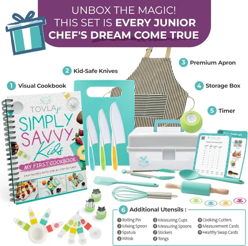 Miniatura 2 de Juego de regalos definitivo para cocinar y hornear Tovla JR para niños Cuchillos seguros para niños Montessori, delantal, libro de cocina visual