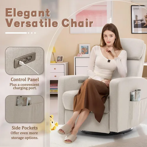 Miniatura 6 de Korser Sillas reclinables eléctricas giratorias para adultos, mecedora eléctrica para guardería, silla reclinable con bolsillo lateral clasificado