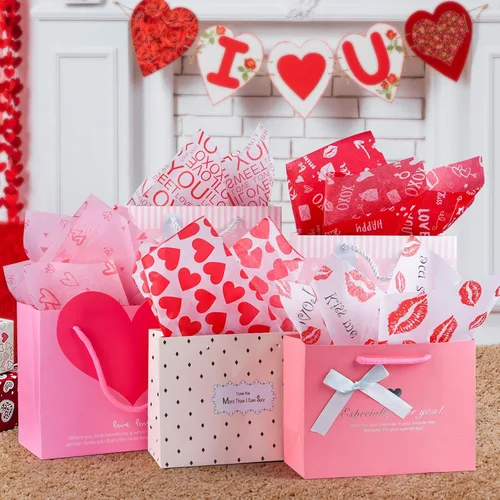 Miniatura 4 de CHRORINE 60 hojas de papel de seda de San Valentín, 6 diseños, papel de regalo para el día de San Valentín, decoración de manualidades de fiesta
