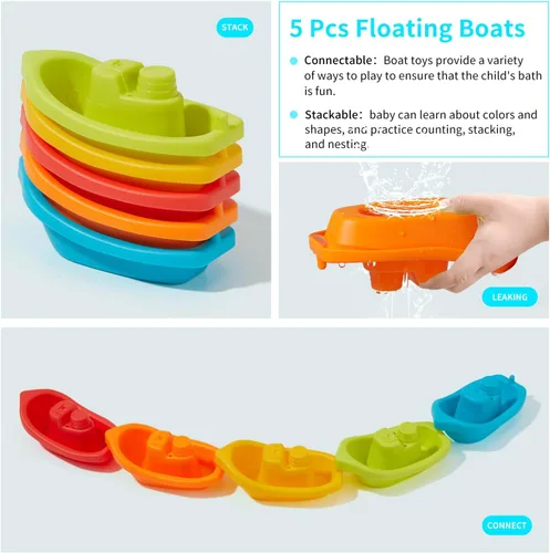 Miniatura 5 de Juguetes de baño para bebés y niños pequeños, 15 piezas, juguetes de agua para bañera sin molde con barcos flotantes de color arcoíris, cucharas