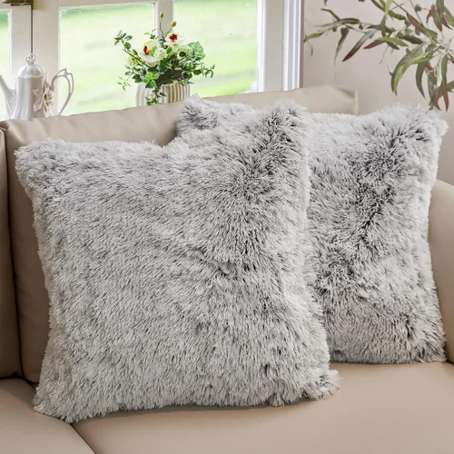 Cheer Collection Cojines Decorativos para Sofá y Cama, Cojines Decorativos Suaves y Peludos con Rellenos Incluidos, Acogedores Cojines de Piel Gris