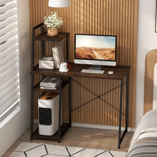 Miniatura 2 de COSTWAY Escritorio para computadora con estantes de almacenamiento de 4 niveles, mesa de escritorio de oficina en casa con marco resistente