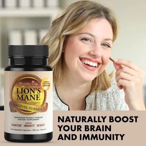 Miniatura 5 de Lions Mane - Cápsulas de cognición de hongos – 120 unidades Orgánico, sin gluten, suplemento de cerebro alfa para adultos Vitaminas cerebrales