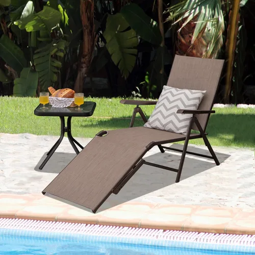 Miniatura 4 de Tangkula Sillón plegable para exteriores, tumbona reclinable con respaldo ajustable de 5 posiciones y reposapiés de 2 posiciones, no requiere Marrón