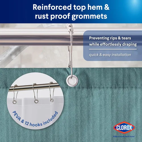 Miniatura 5 de CLOROX Cortina de ducha para baño con juego de forro de PEVA impermeable y liviano, tamaño estándar para baño, con imanes con peso y 12 ganchos