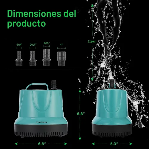 Miniatura 6 de VIVOSUN Bomba sumergible 1150GPH de 100 W para pecera, estanque, acuario, sistemas hidropónicos con cable de alimentación de 5 pies y 4 boquillas