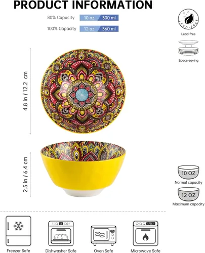 Miniatura 2 de Henten Home Juego de 6 cuencos pequeños para postre, juego de cuencos de arroz de cerámica de 12 onzas, cuencos coloridos de porcelana para Bohemio