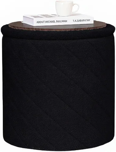 Miniatura 9 de B FSOBEIIALEO Otomana con almacenamiento, Otomana redonda de bouclé con bandeja, taburete reposapiés para dormitorio, sala de estar, blanco, 32,99