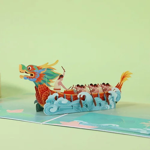 Miniatura 9 de Tarjeta de felicitación del festival de barcos del dragón chino, tarjetas de papel emergentes 3D con sobre para fiesta de Año Nuevo, regalo del día