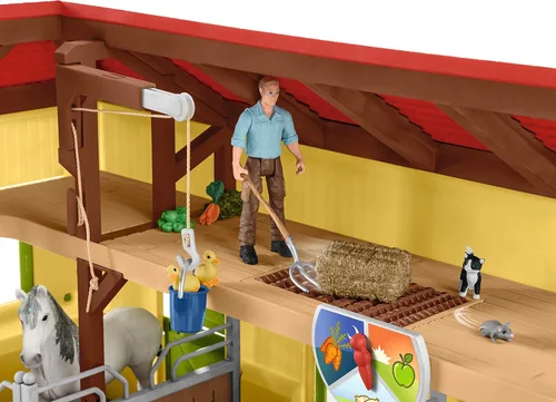 Miniatura 7 de Schleich FARM WORLD - Juego de 82 piezas de establo de caballos con figuras de granjero, caballo y jinete, juegos funcionales de granero y establo
