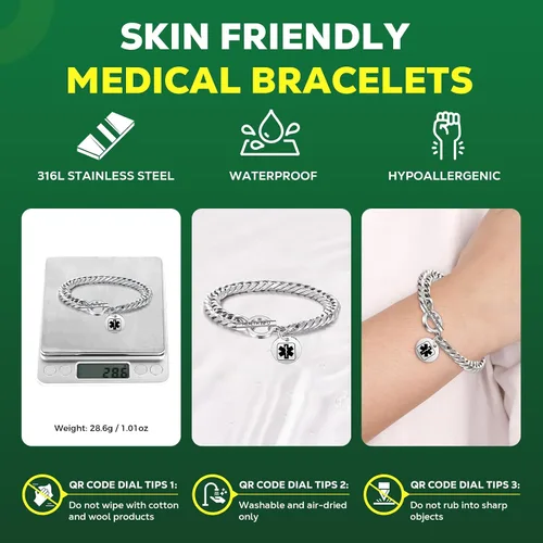 Miniatura 2 de Pulseras de identificación médica con código QR mejoradas para mujeres, pulsera de alerta médica - Cadena de eslabones de 7'' 9'' de plata de ley