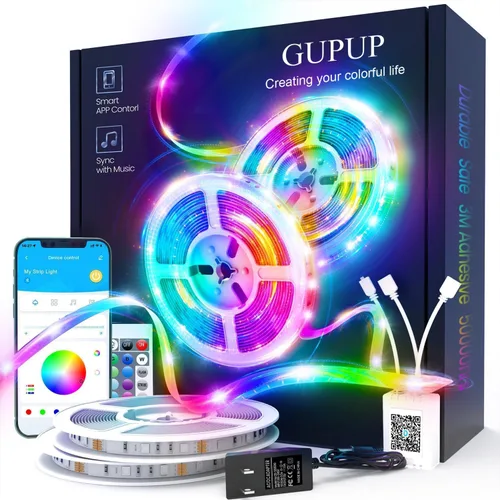 GUPUP Tira de luces LED de 100 Pies, luces LED para dormitorio de 100 pies, cuerda de luz RGB para habitación, control de APP Bluetooth, tira que