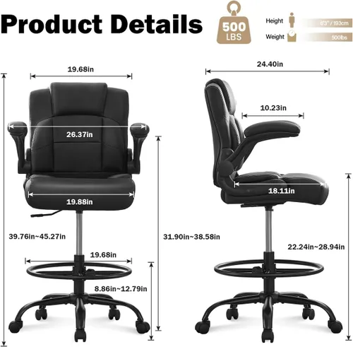 Miniatura 2 de BOSMILLER Silla de dibujo, silla de oficina alta para escritorio de pie con altura ajustable, sillas de computadora con reposapiés para el hogar
