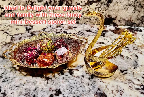 Miniatura 8 de Swan Spoon Eid - Juego de cubiertos de cuchara pequeña – Cubertería festiva de lujo, decoración moderna con soporte de 7 piezas (dorado)
