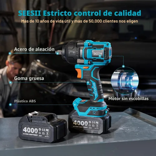 Miniatura 9 de Seesii Llave de impacto de 886 pies (1200 N.m), pistola de impacto de 1/2 de alto par con batería de 21 V, 2 x 4.0 Ah, destornillador de impacto