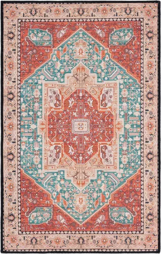 SAFAVIEH Alfombra lavable Tucson Collection - 2 pies 6 pulgadas x 4 pies, aguamarina y óxido, antideslizante y fácil de limpiar, ideal para sala de