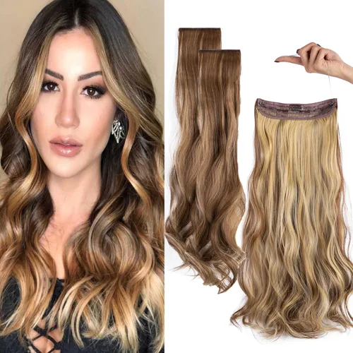 Miniatura 16 de Extensiones de cabello invisibles con halo mejorado con 3 piezas de diadema ajustable, largo, ondulado, extensiones de cabello rubio decolorado