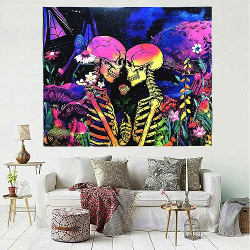 Miniatura 4 de SIGISY Tapiz para amantes del cráneo de luz negra, tapiz romántico para amantes del cráneo, tapiz floral de hongos reactivos a los rayos UV, tapiz
