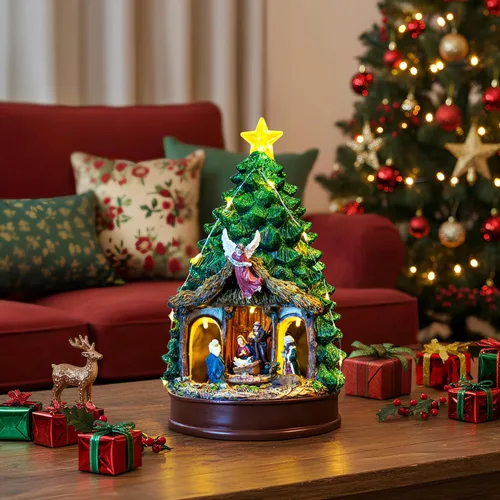 Miniatura 3 de Árbol de Navidad Iluminado y Animado Escena de Natividad del Pesebre, Figuras Musicales de la Familia de Ángeles con Luz LED que Reproduce Música