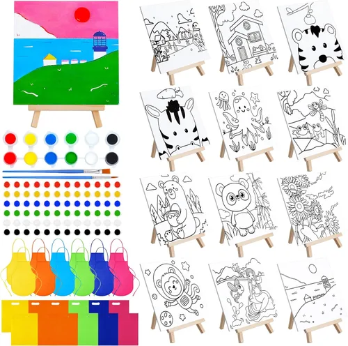 Miniatura 8 de Tenceur Juego de 48 piezas de recuerdos de fiesta de pintura para niños con 12 piezas de paneles de lona predibujados de animales y caballete