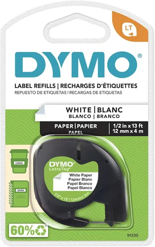 DYMO LetraTag Cinta de etiquetado, etiquetadoras, impresión negra sobre papel blanco, 1/2 pulgada de ancho x 13 pies de largo, 1 casete