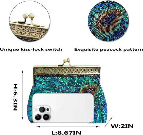 Miniatura 2 de Bolso de noche grande con cuentas y lentejuelas, estilo vintage, bolso de mano para fiesta de boda, bolso de mano para mujer (azul pavo real), Azul