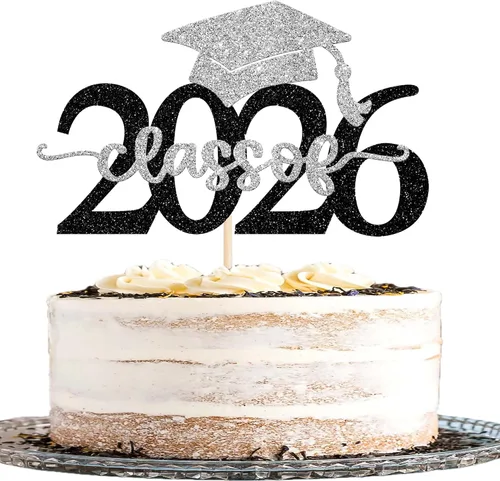 Miniatura 18 de Rsstarxi 1 paquete de decoración de pastel con purpurina para la clase de 2026, decoraciones de graduación 2026, tapa de felicitaciones