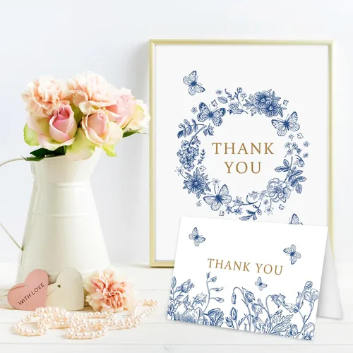 Miniatura 5 de AnyDesign Paquete de 36 tarjetas de agradecimiento florales azules y blancas con sobres de papel de estraza con calcomanías elegantes
