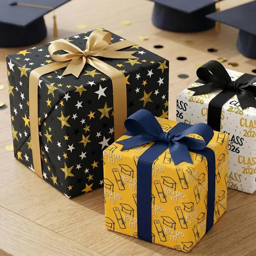 Miniatura 7 de WAPLIGHAL Papel de regalo de graduación para clase de 2026 – Gorras de graduación, diplomas, estrellas y lo hiciste en negro, color dorado, papel