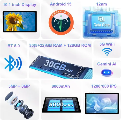 Miniatura 6 de 2025 Tableta de 10 pulgadas Android 15 Tablets 30GB RAM 128GB ROM 1TB de expansión, Tableta Octa-Core de 8000mAh con estuche a prueba de caídas