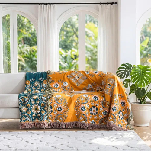 Miniatura 5 de Cobija para cama de estilo bohemio, 100 % algodón, ultra suave, edredón rústico, cobija de otoño, estampado floral, cobija grande rústica para sofá