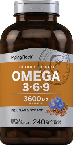 Piping Rock Omega 3 6 9 Suplementos para mujeres y hombres | 3600 mg | 240 cápsulas de gel suave | Borraja de lino de pescado | Ultra fuerte | Sin