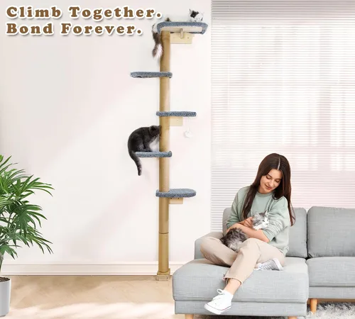 Miniatura 4 de Estantes de pared para gatos para gatitos, árbol para gatos de piso a techo de 83 pulgadas con almohadillas de felpa grises, árbol de escalada