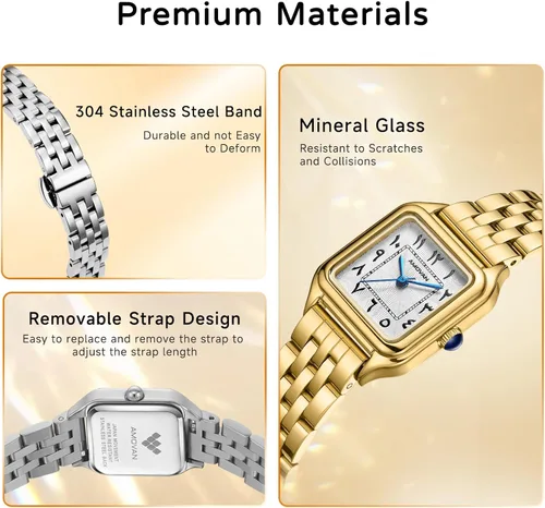 Miniatura 5 de Relojes dorados para mujer, pulsera pequeña, esfera de números arábigos, correa de acero inoxidable, caja rectangular de cuarzo para mujer, reloj