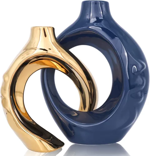 Jarrón de cerámica azul marino para decoración del hogar, jarrón redondo azul marino dorado con agujeros, juego de 2, adecuado para decoración de