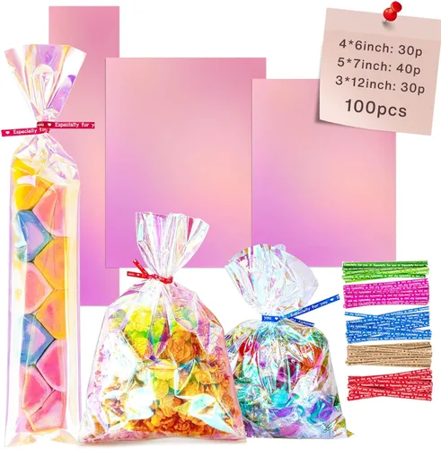 Miniatura 7 de Bolsas de celofán iridiscentes de 5 x 7 pulgadas con lazos giratorios, bolsas de golosinas para galletas, chocolates y palomitas de maíz