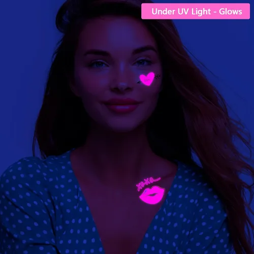Miniatura 3 de Tatuajes temporales de neón UV, 170 piezas con forma de corazón rosa, diseños brillantes que brillan en la oscuridad, tatuajes falsos impermeables
