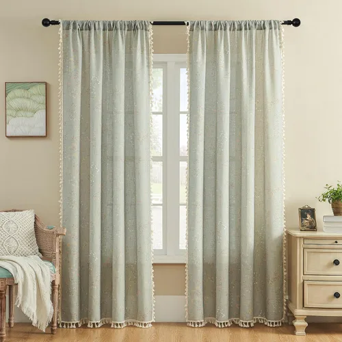 Miniatura 10 de Joydeco Cortinas Bohemias Beige de 63 Pulgadas de Largo 2 Paneles, Cortinas de Granja Bohemias Súper Suaves con Borlas, Cortinas Semitransparentes